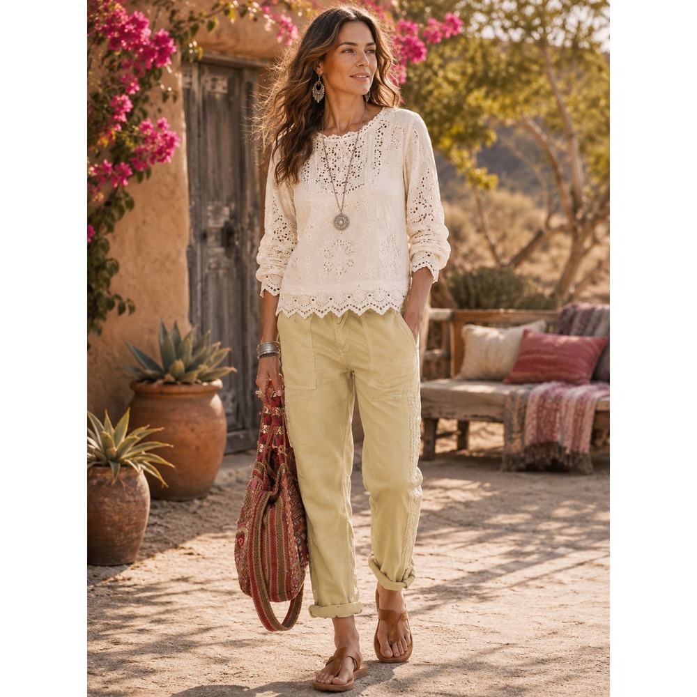 Sundance ORGANIA Crochet Lace Trim Linen‎ Pants Women 12 SAND Boho Straight Leg